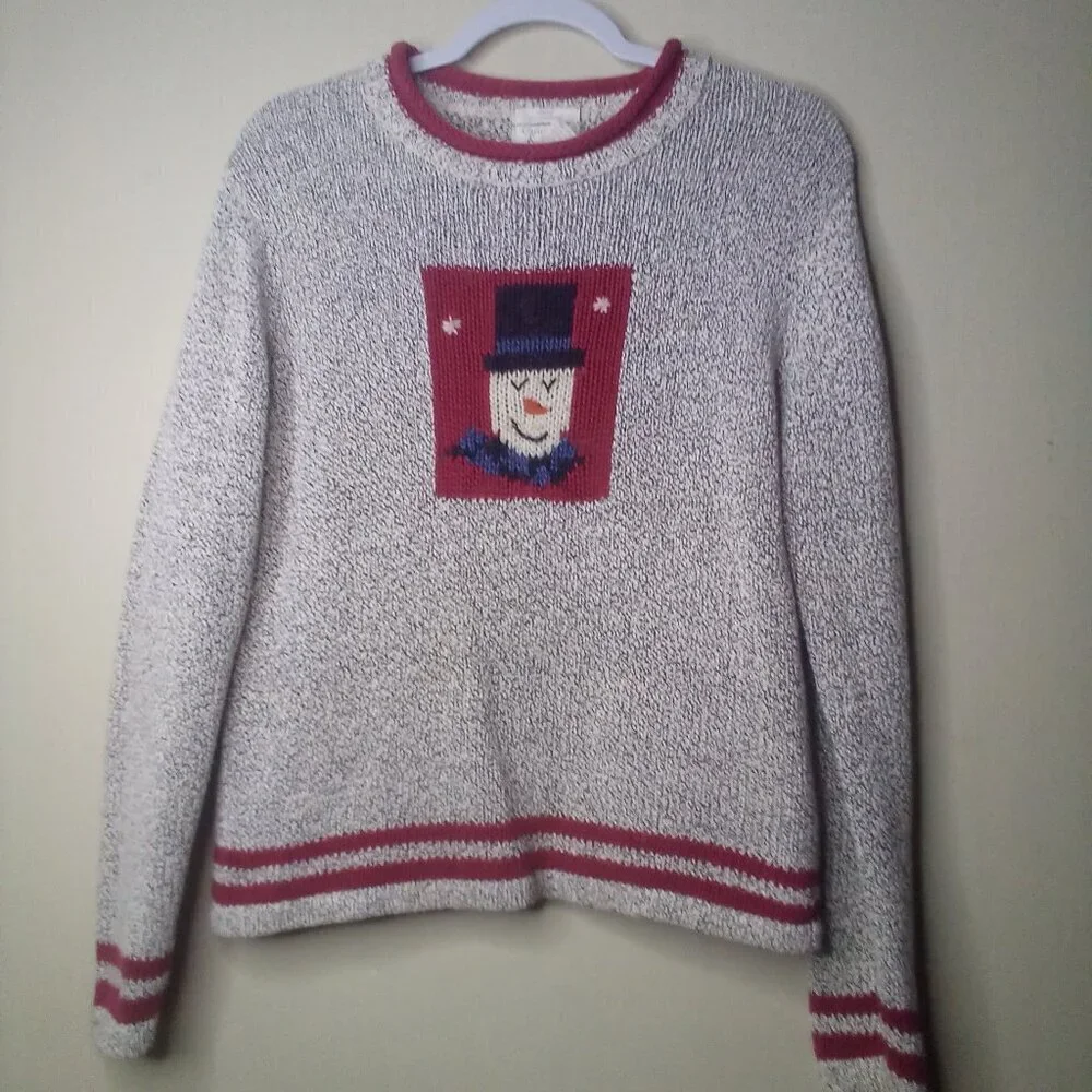 Christopher Banks Sweater S Christmas Holiday Snowman Long Sleeve Hand Embroider